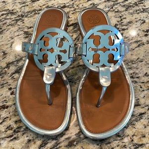 Tory Burch Miller Mirror Metallic Sandals silver / tan 7